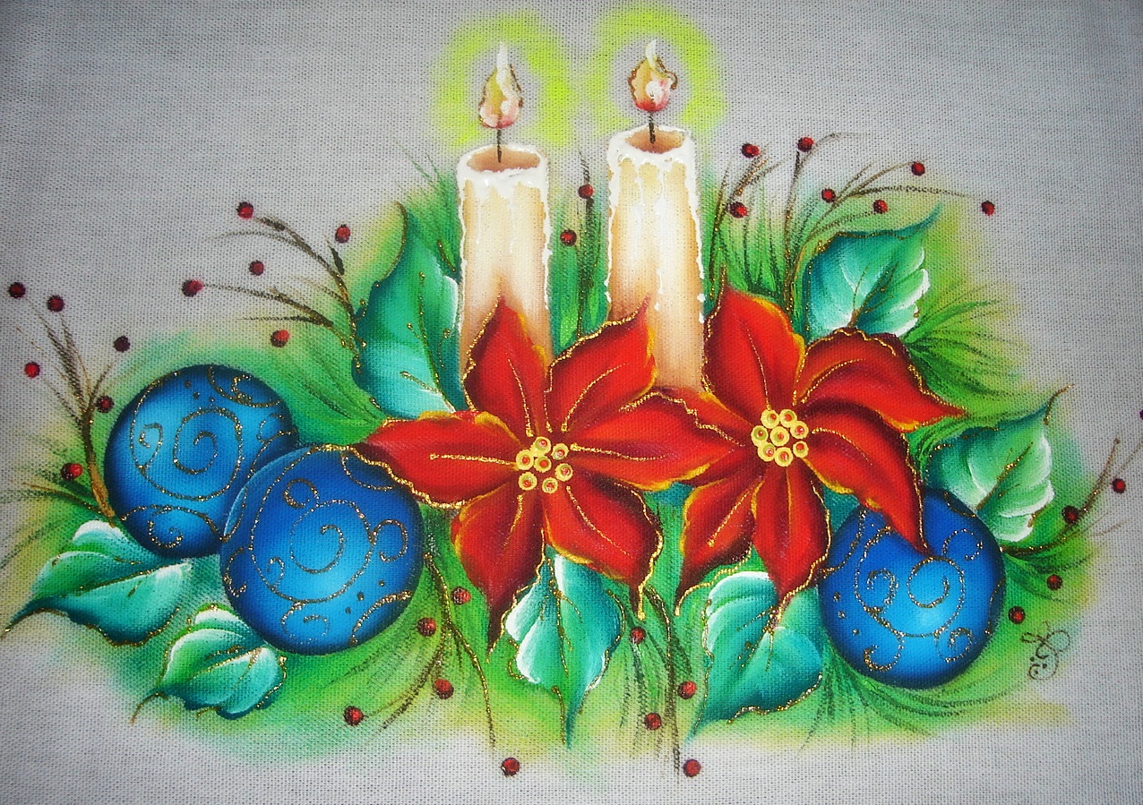 Pintura em tecido de Natal velas ,bolas e flor | Branca Flor Pintura em  Tecido/Fabric Painting